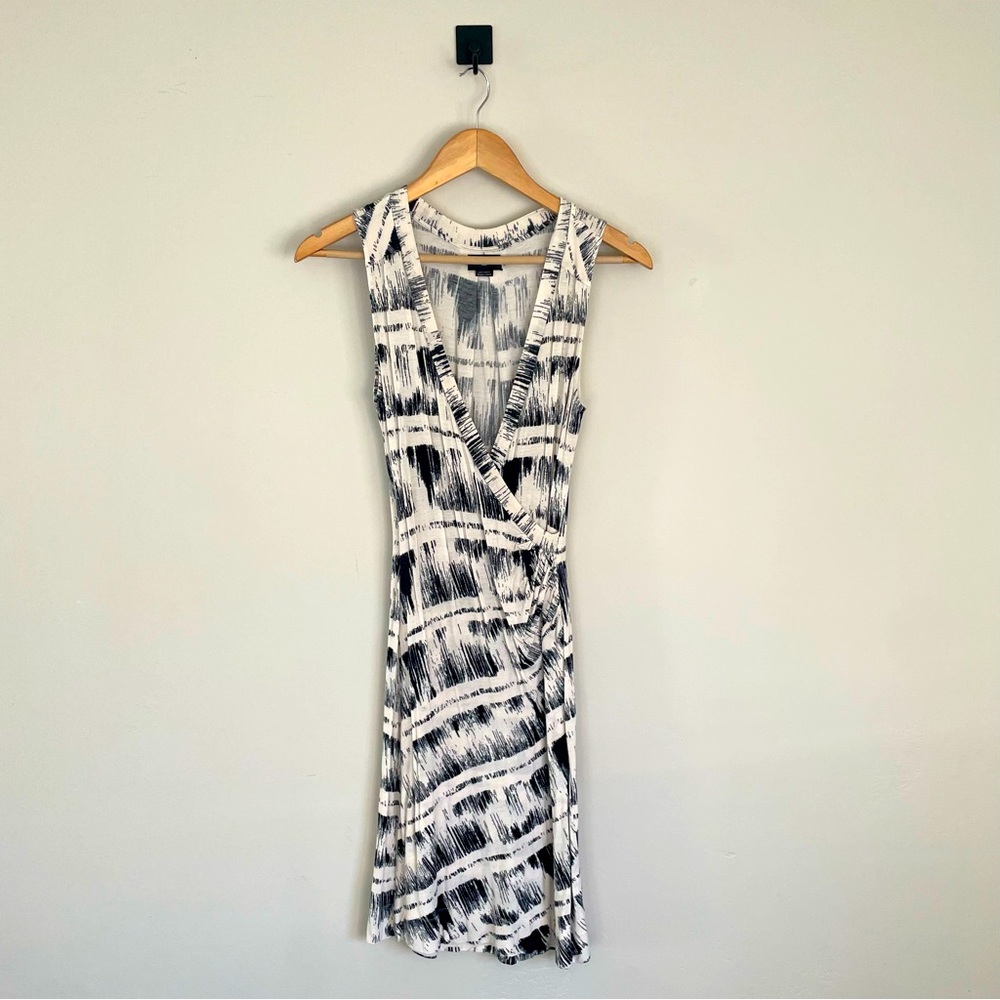 Anthropologie Deletta Jersey Tank Midi V Neck Wrap Dress White & Black Pattern
